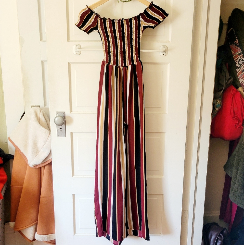 Striped Off-Shoulder Wide Leg Jumpsuit